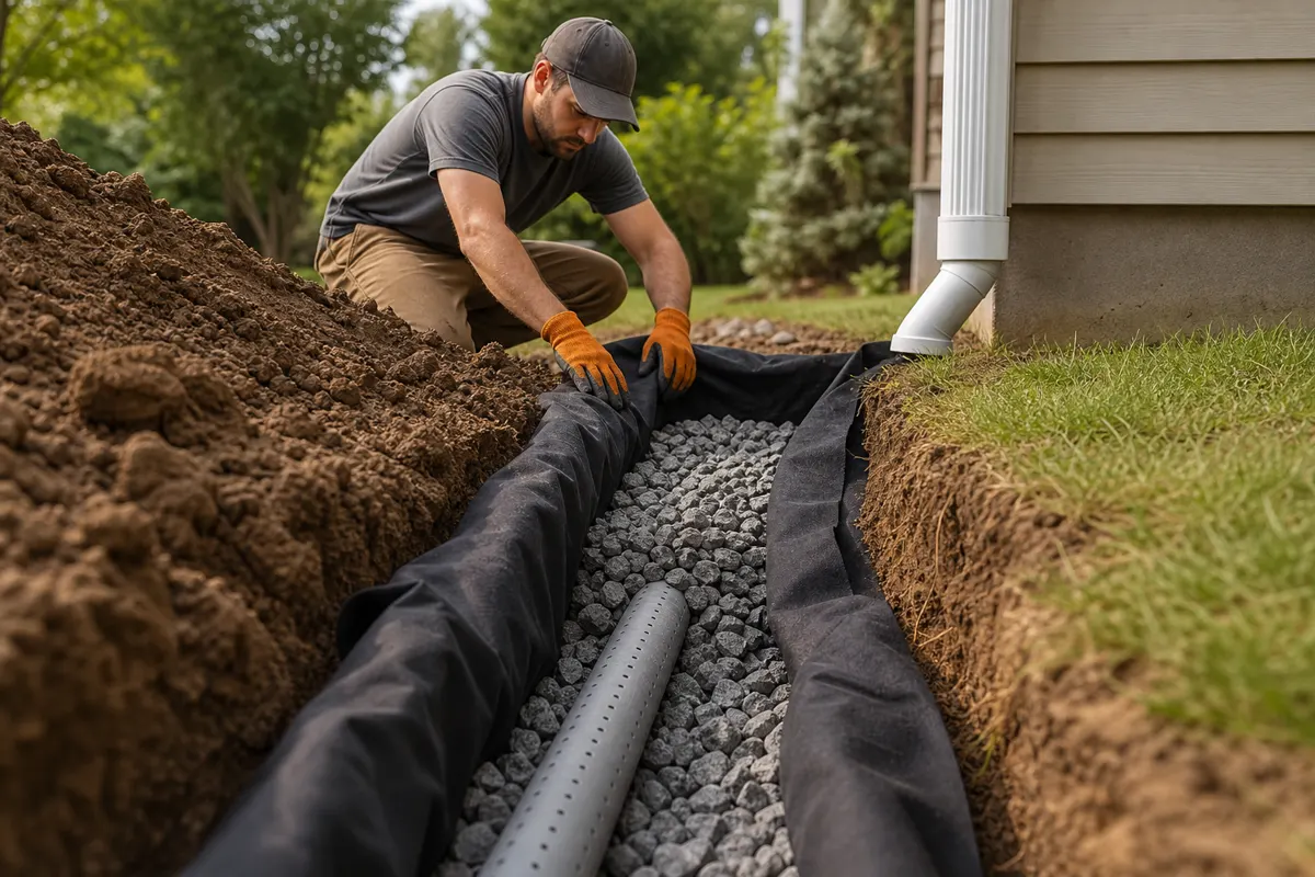Clean drain rock surrounding a drainage trench pipe