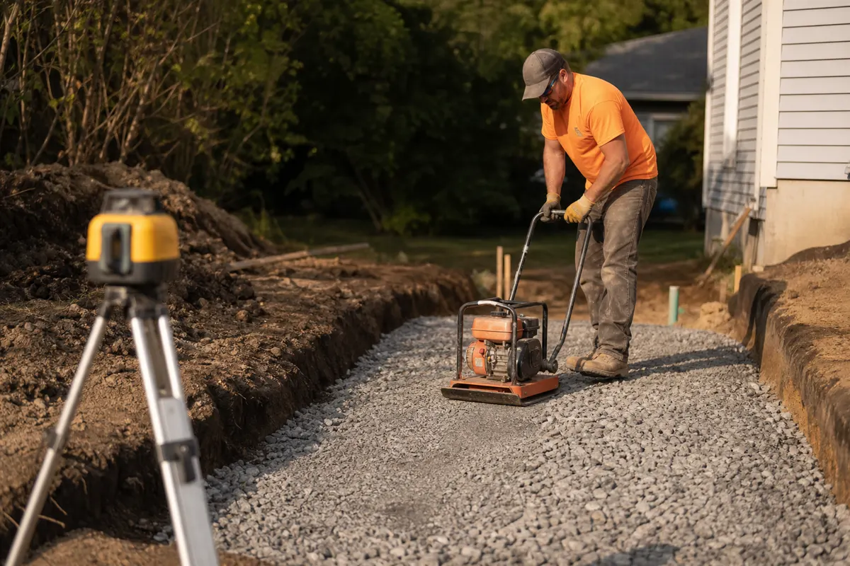 Gravel fill area being leveled before compaction