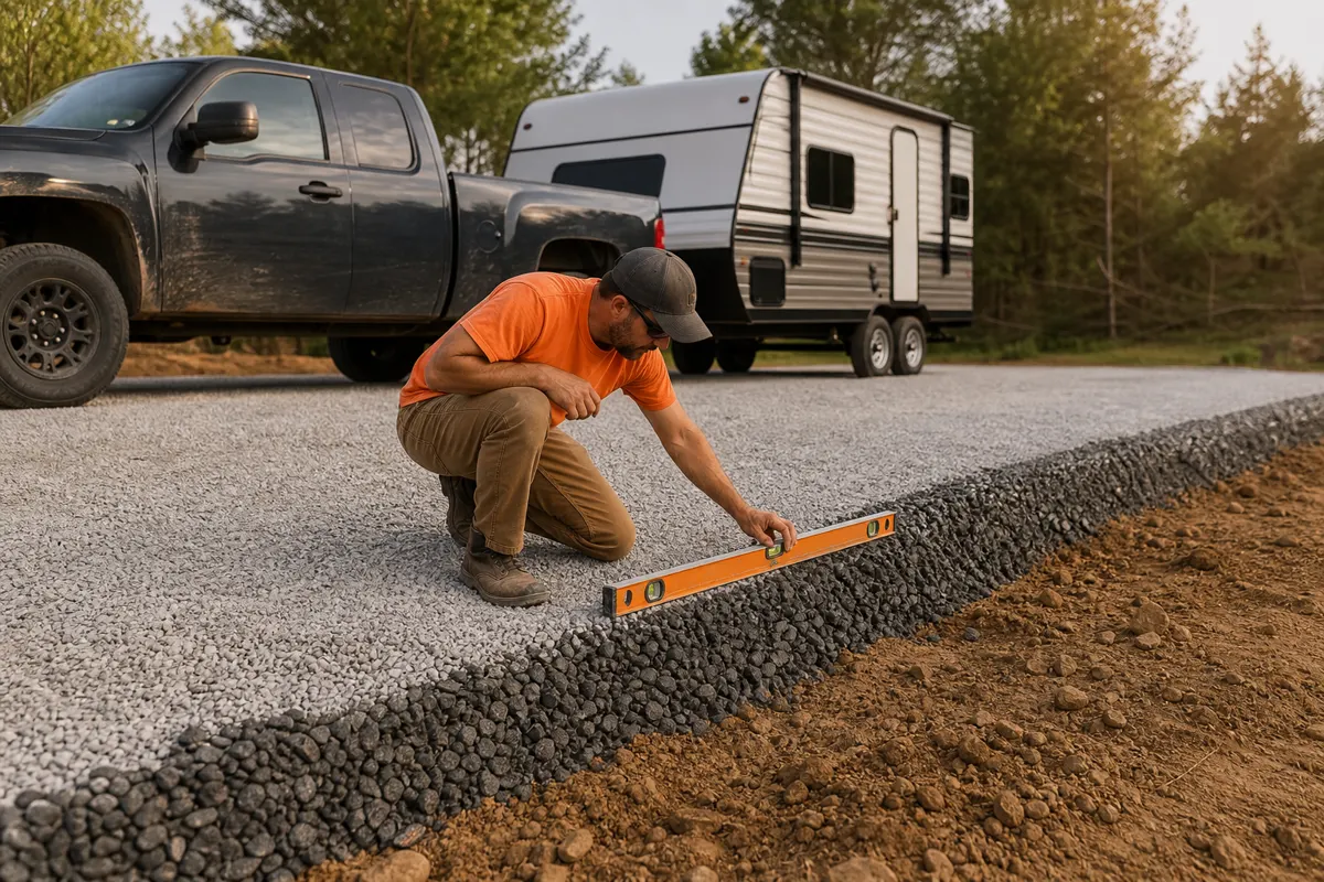 Gravel parking pad or driveway surface prepared for vehicles