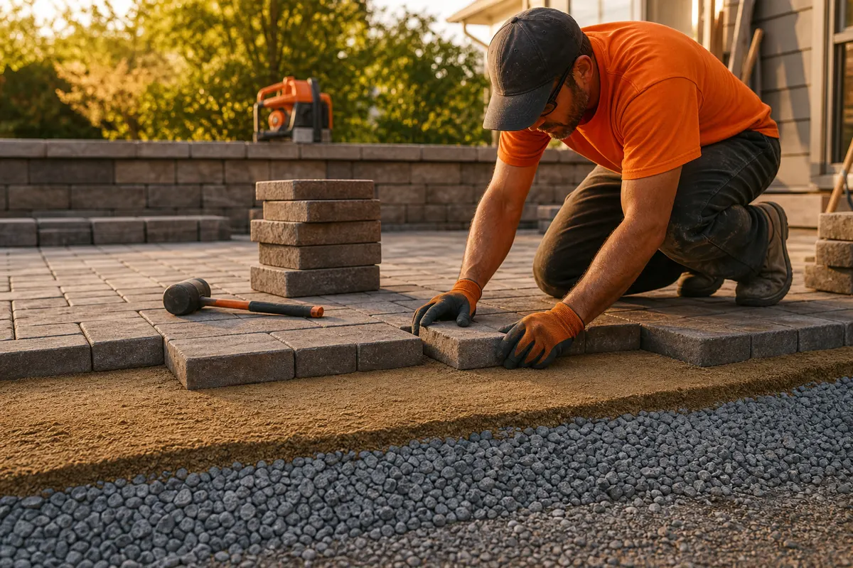 Contractor laying out paver base stone before paving work