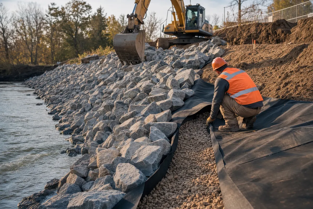 Riprap stone placed on a sloped erosion-control surface