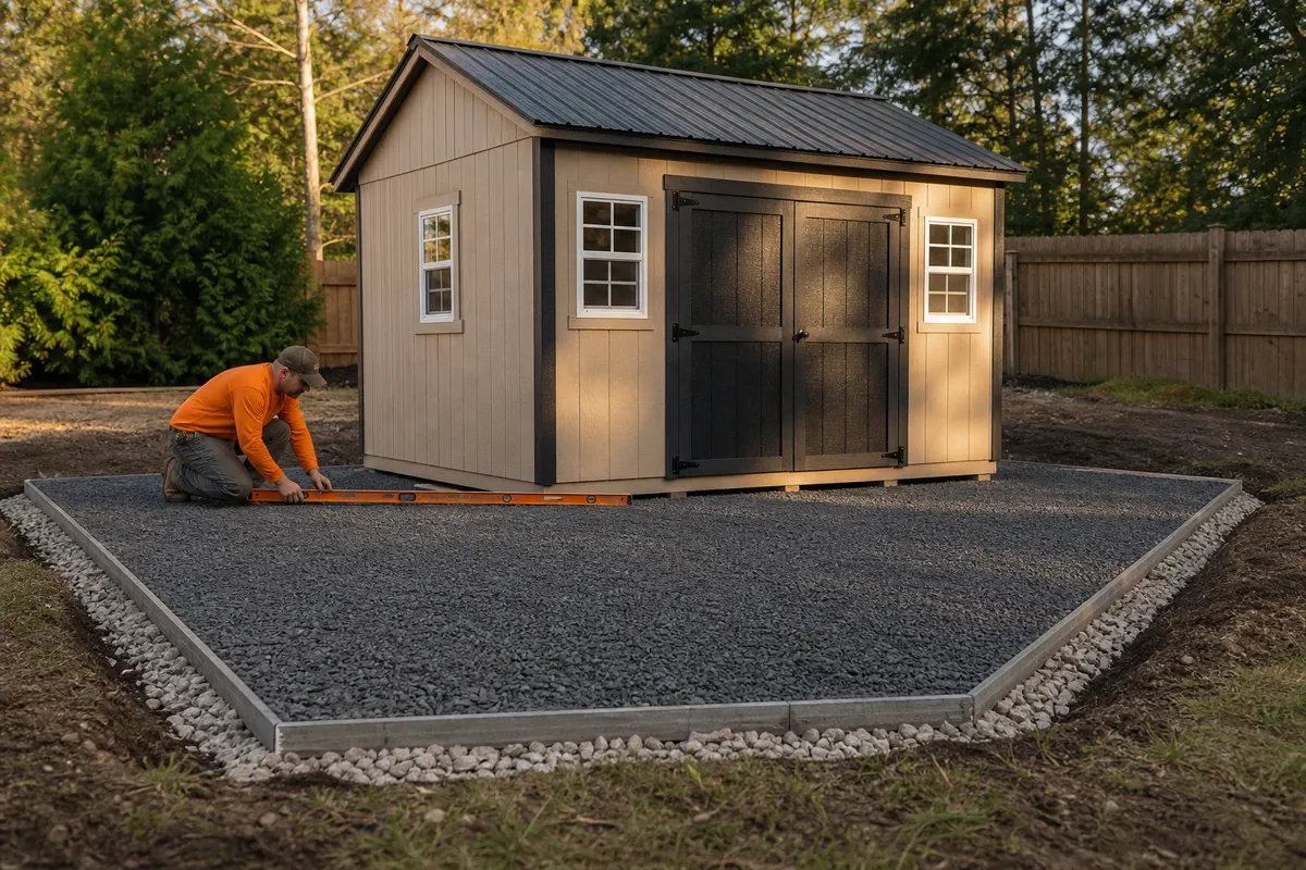 Prepared gravel foundation pad for a shed or small outbuilding