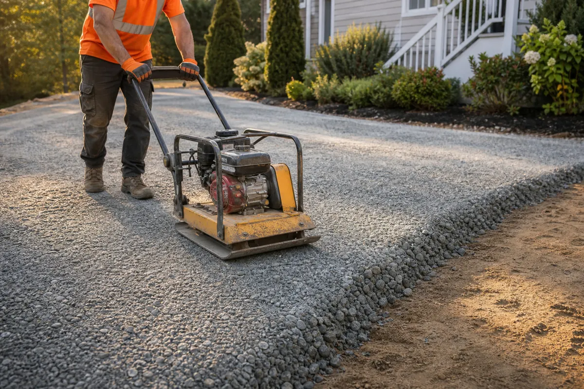 3/4 inch crushed stone spread as a compacted aggregate layer