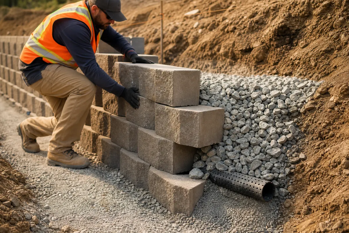 Retaining wall backfill zone with clean drainage stone
